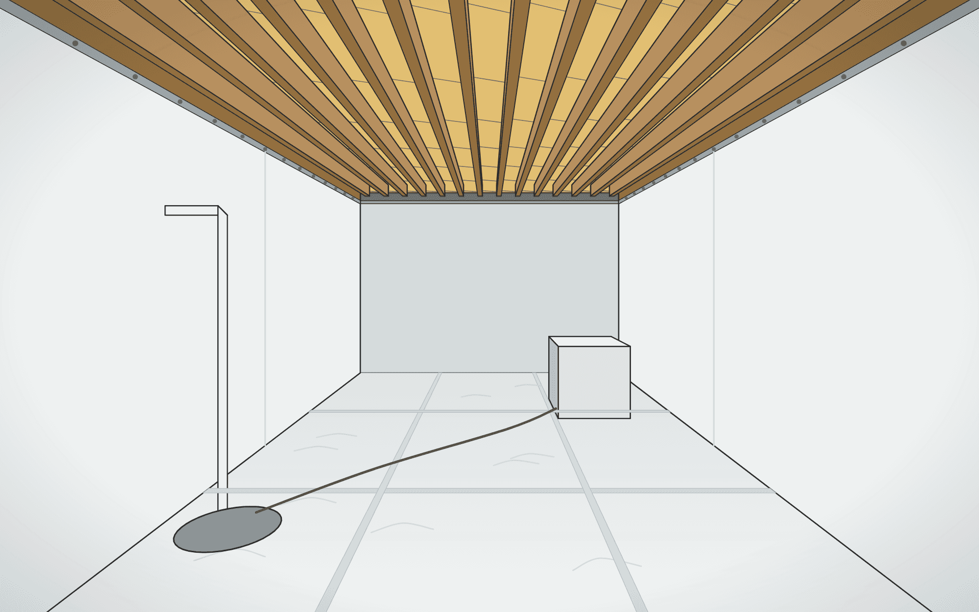 After, illustrated: sealed liner on the floor and walls, sump pit, dehumidifier, insulation back in place