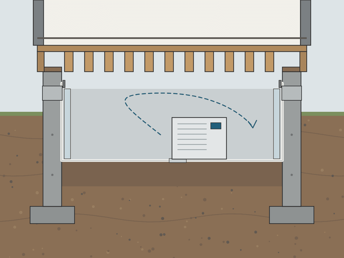 Cutaway drawing: sealed vents and a dehumidifier circulating dry air in the crawl space
