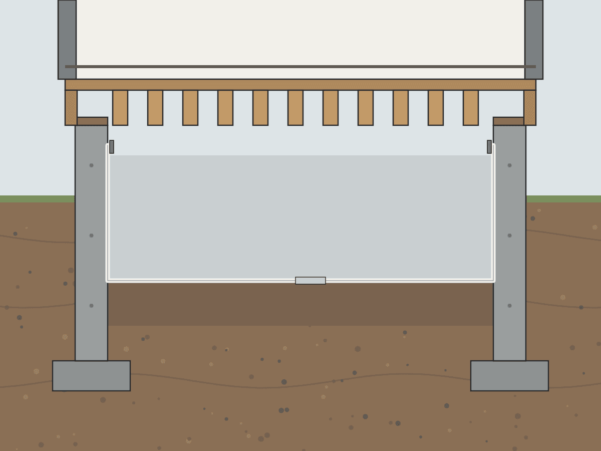 Cutaway drawing: vapor barrier across the crawl space floor and fastened up the walls