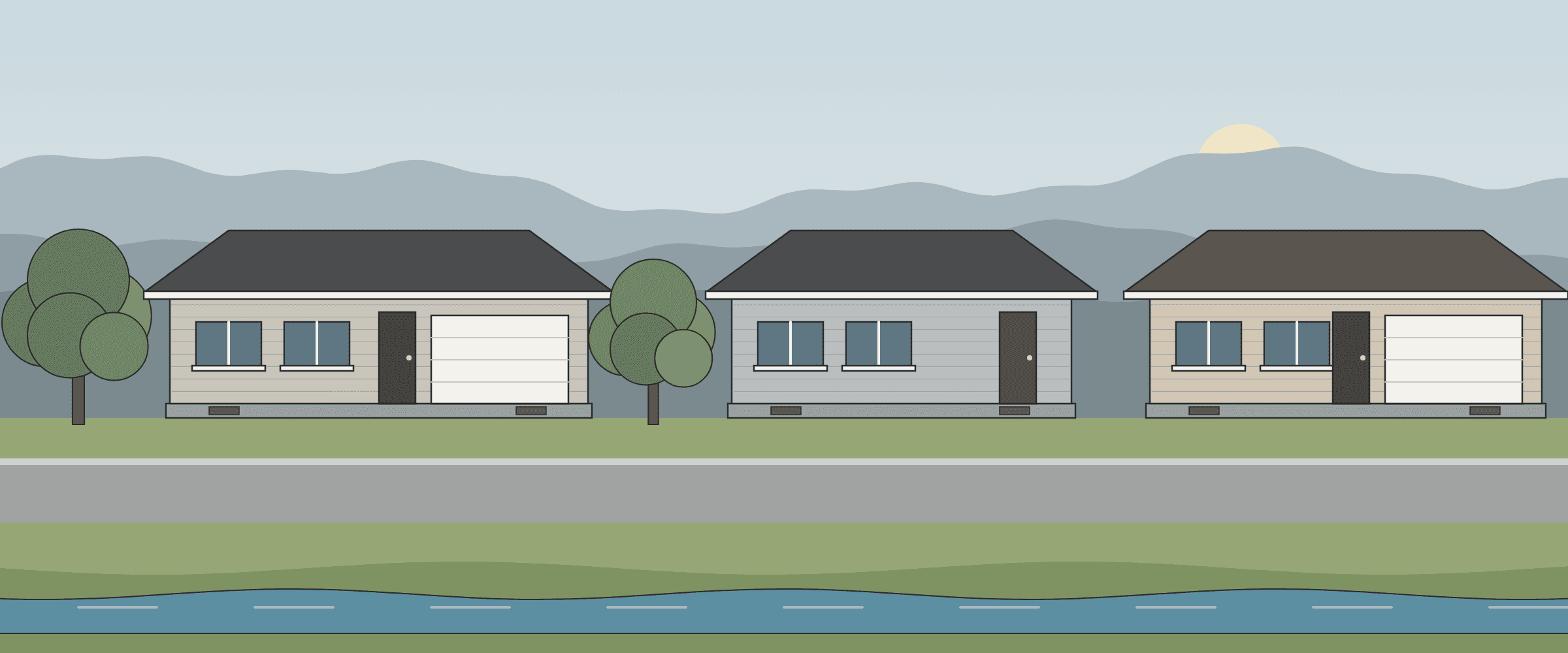 Drawing of Treasure Valley homes with the foothills behind and an irrigation canal in front